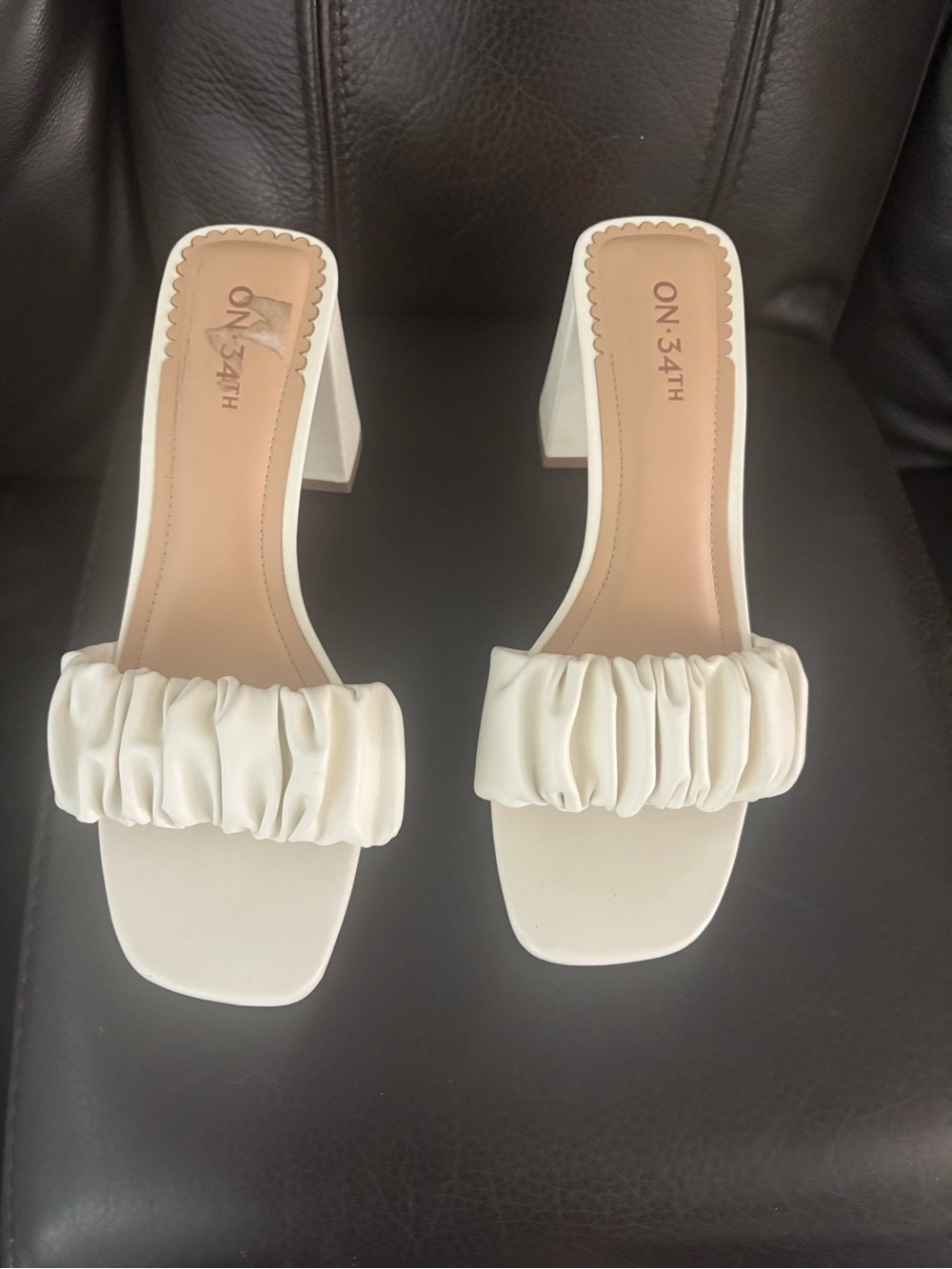 On 3.4th White Ruched Strap Block Heel Sandals